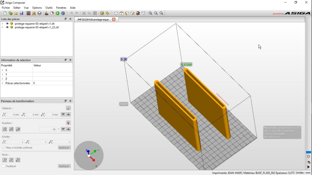 Mise en place fichier protege-equerre.stl sur le logiciel d'impression
